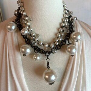Plunder Chunky Runway Statement Necklace w Faux Pearls on Braided Chain